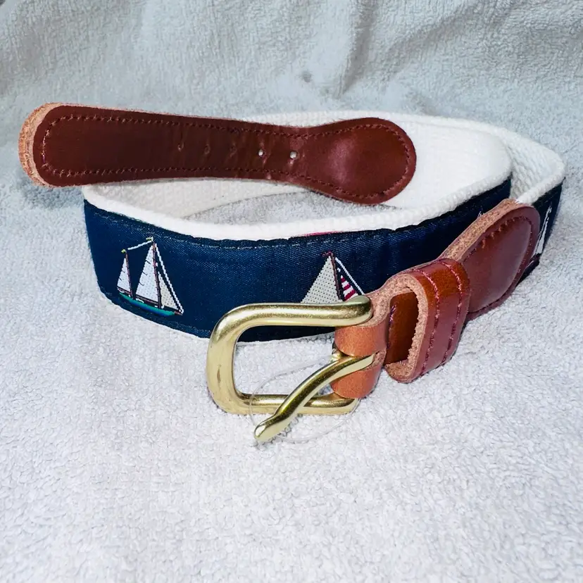 NWOT Unisex Size 24 Preston Leather Canvas Nautical Sailboat Webbing Back Belt