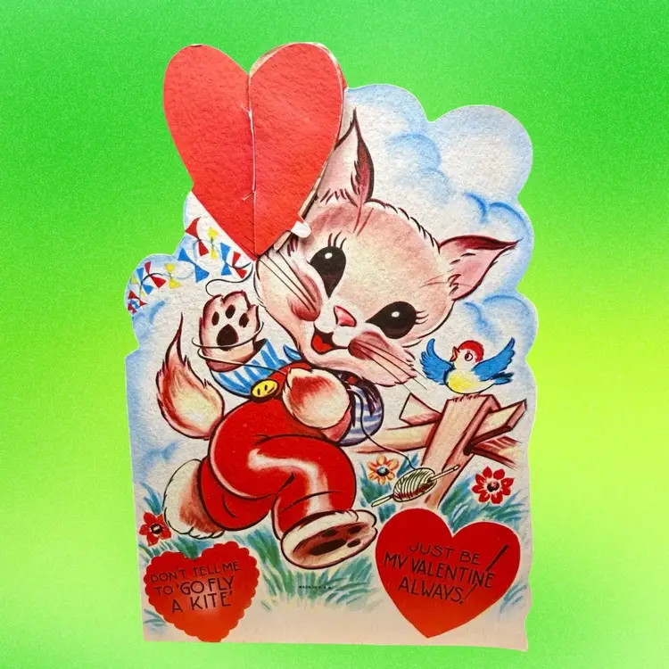 Vintage Kitsch MCM Valentine Greeting Card, Honeycomb, Anthro Kitty Cat, Signed