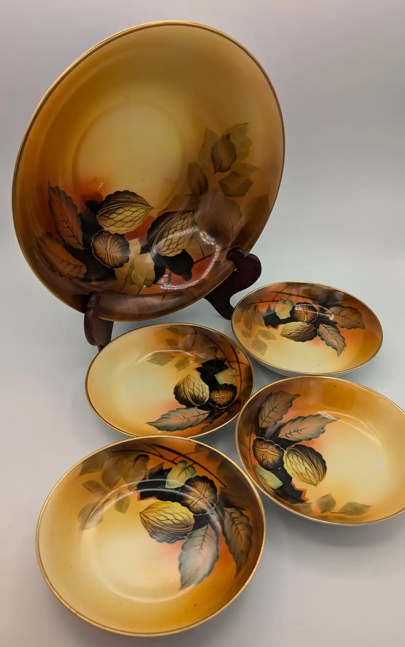 Antique Meito China Nippon Hand Painted Autumn Theme Large Berry & Dessert Bowls Set x 5pc