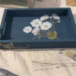Upcycled By Me Blue Tray White Flowers 12”x 8”