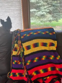 #01 Multi colored striped, with fringe, beautifully crochet blanket.