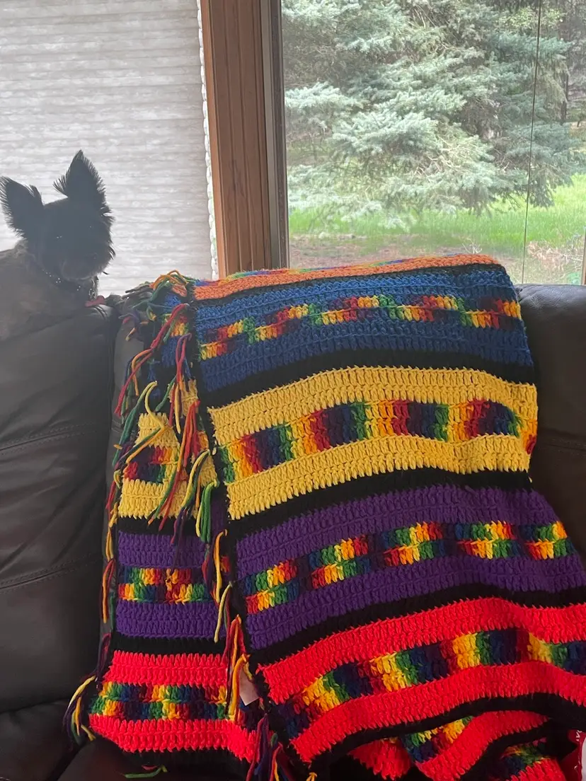 #01 Multi colored striped, with fringe, beautifully crochet blanket.