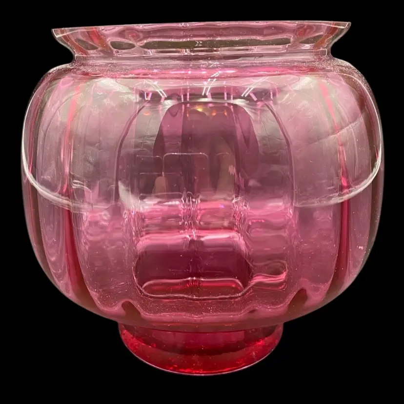 Vintage Pilgrim Cranberry Glass Vertical Ribbed Squat Vase/Bowl, 5.25" tall
