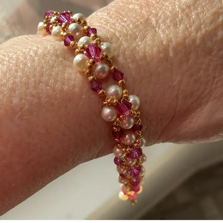 Pink Swarovski Crystal & Pearl Bracelet with Lobster Clasp Artisan Made 7.25”