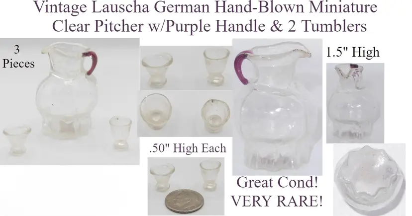 RARE Miniature Lauscha German Blown Art Glass Pitcher & Tumblers