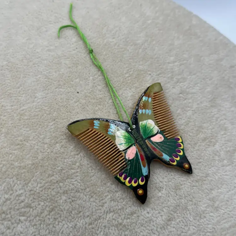 #J26 - Vintage Double Sided Hand Painted Wood Fine Tooth Chinese Butterfly Comb