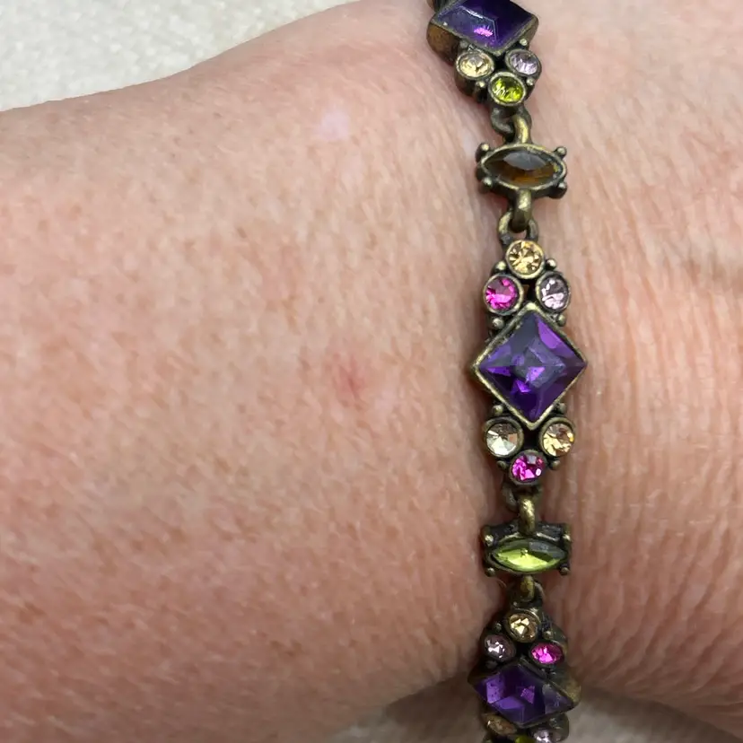 Vintage Multicolor Rhinestone Bracelet Purple Green Pink Antique Brass Tone 7 Inch