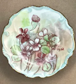 Vintage Hand Painted Signed Lois Mary Sill Porcelain Gold Rim Floral Trinket Ring Dish