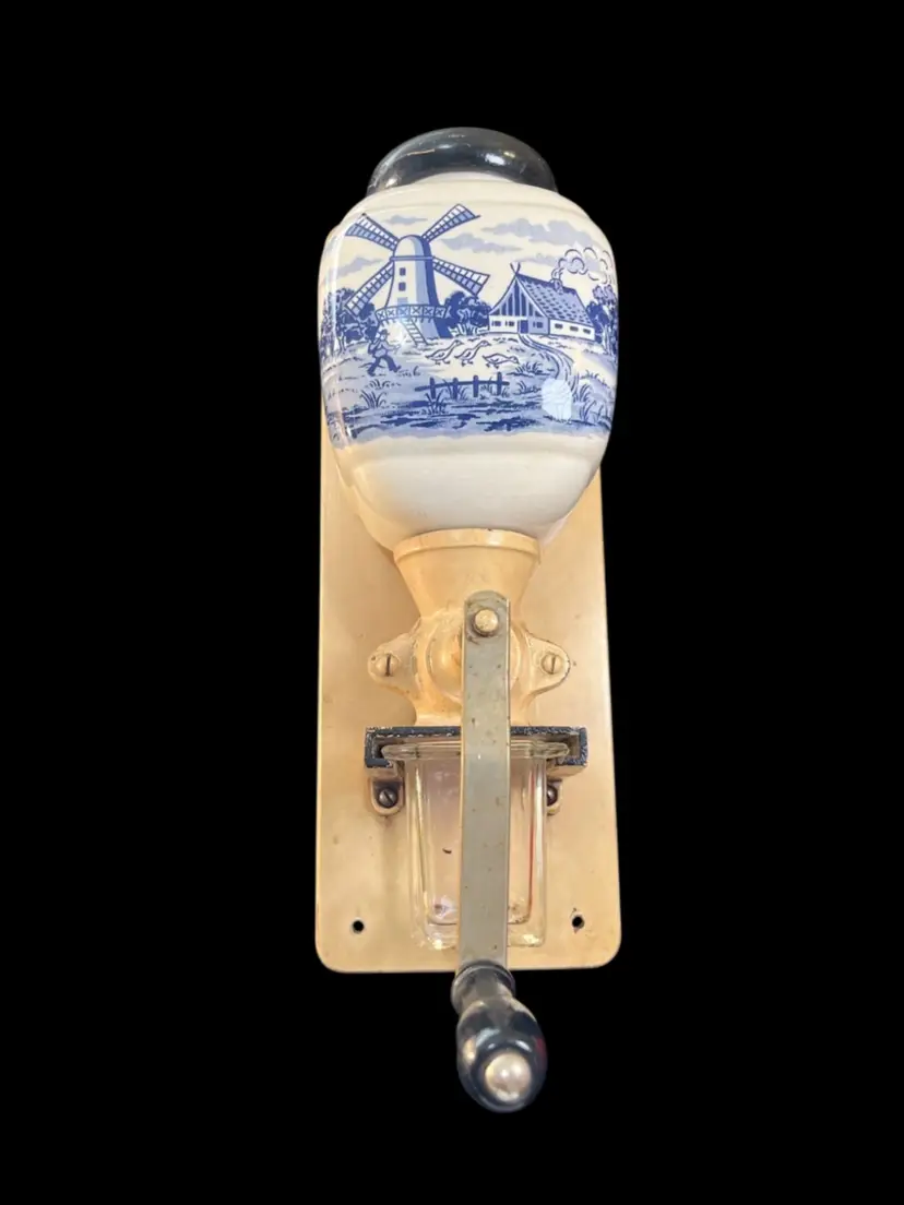 Made in Western Germany-#4023-PRICE DROP! Vintage Delft Blue Wall Mounted Coffee Grinder w/ Black Wooden Handle & Lid, Intact Glass Ground Container w/ Measurement Markings