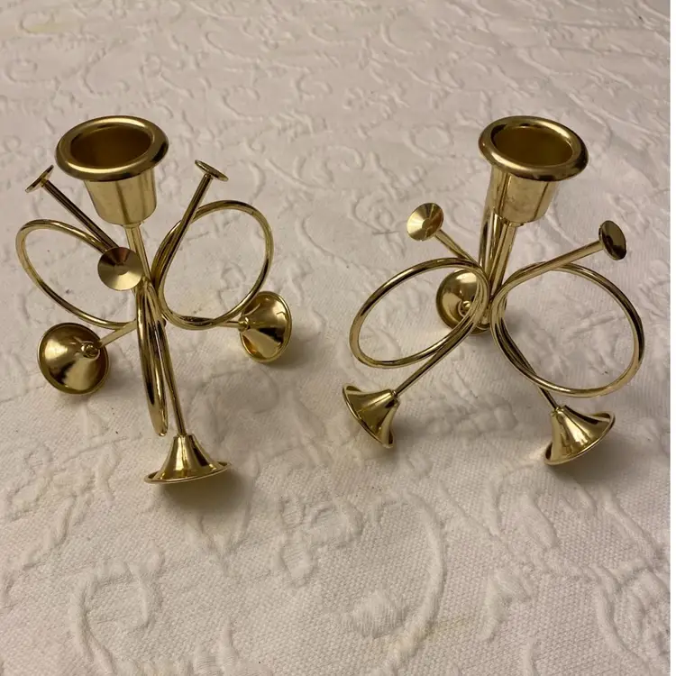 VINTAGE BRASS FRENCH HORN CANDLE HOLDERS