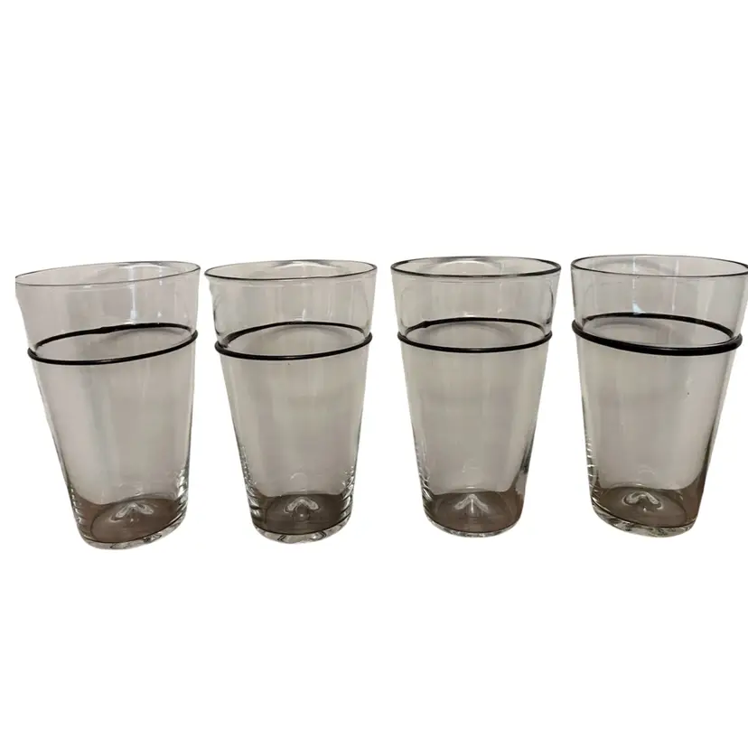 Unique Set Of 4 ~ Clear Hand Blown Glasses With Black Glass Applied Ring ~ EUC