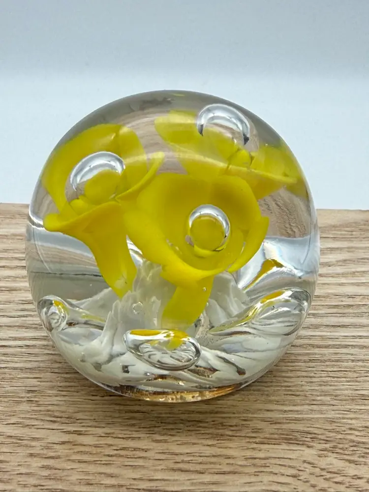 Yellow Flower White Base Art Glass Paperweight