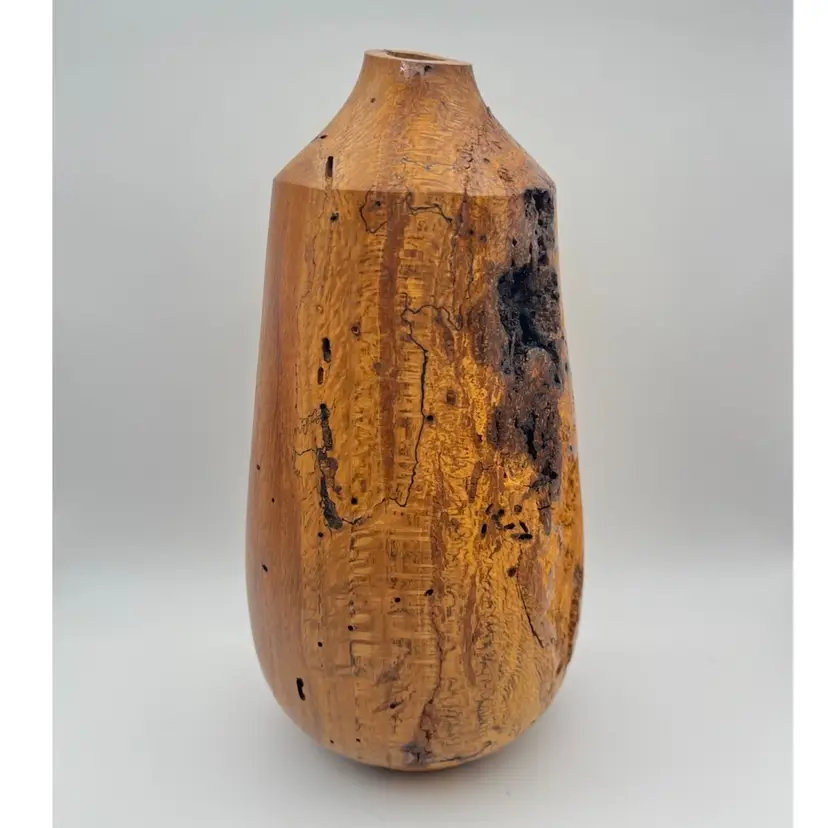 Signed Handmade Natural Red Wood Spun Flower Vase