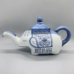 Vintage Pier 1 Imports Stoneware Ceramic Elephant Tea Pot Blue White Trunks Up