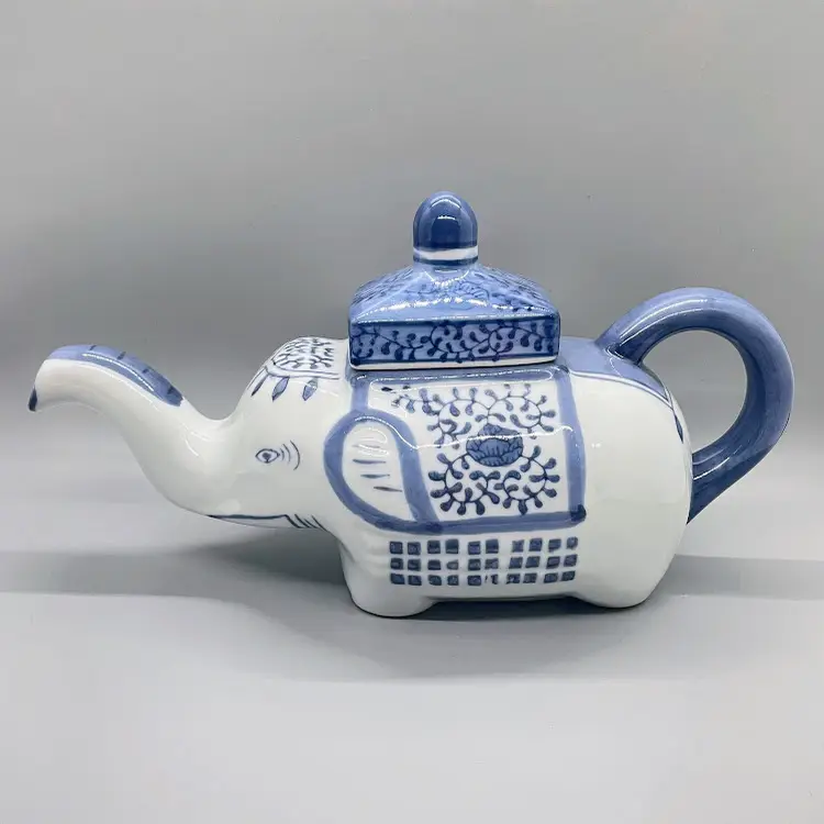 Vintage Pier 1 Imports Stoneware Ceramic Elephant Tea Pot Blue White Trunks Up