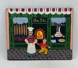 Vintage signed naif painting on board depicting a French bakery scene 7” X 5.5” , original art