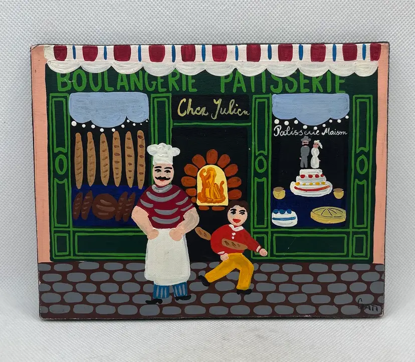 Vintage signed naif painting on board depicting a French bakery scene 7” X 5.5” , original art