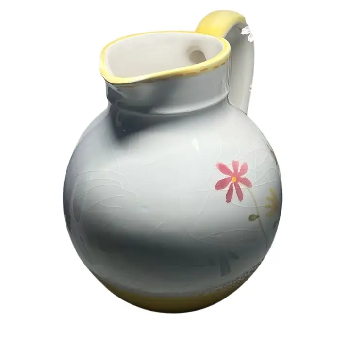 “Tag” Made In Portugal - Ceramic Pitcher With Florals White & Yellow. Has Crazing But No Damage