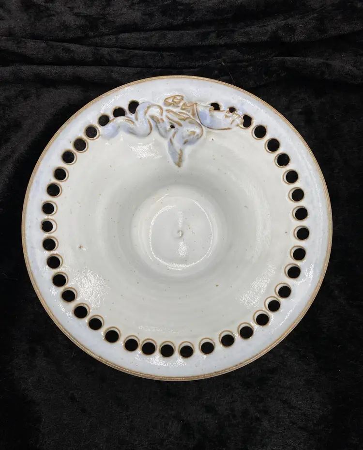 Studio Pottery Red Clay Reticulated Candle Holder, Majolica Glaze, Ribbon