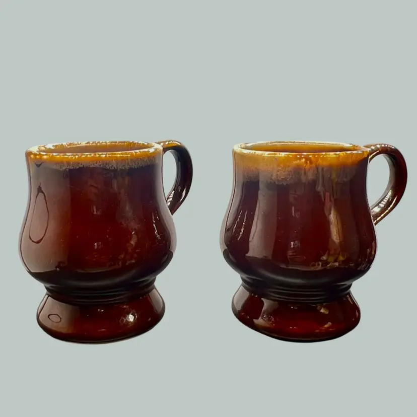 Vintage McCoy Pottery Mug Pair Brown Drip Glaze Melon Shape On Flared Pedestal 
Style #7025   1970s