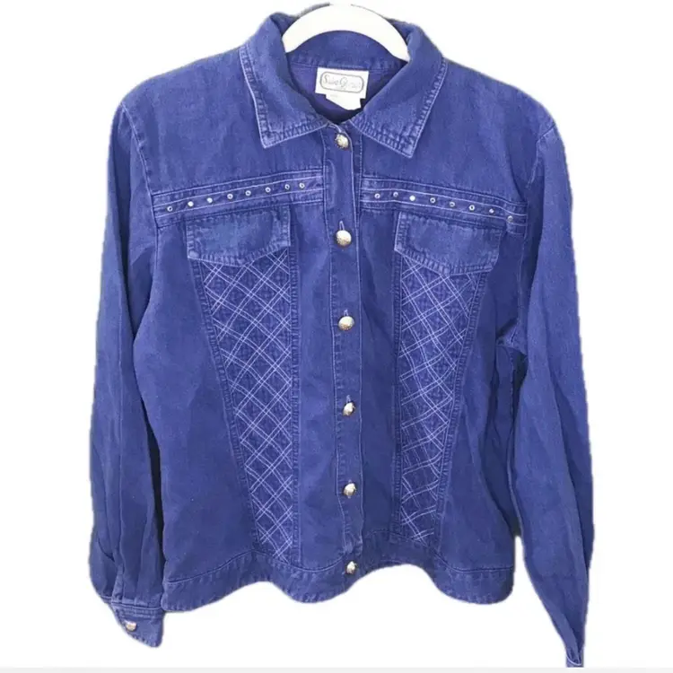 Vintage Bluish Purple Rhinestone Studded Jean Jacket Sz Medium Punk Western Y2K
