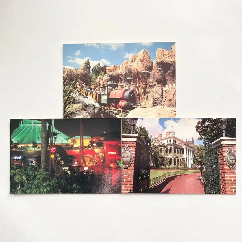 Disneyland California Postcards Vintage 1980s Unused Haunted House, Tomorrowland at Night, Frontierland Big Thunder Mountain Railroad Lot of 3