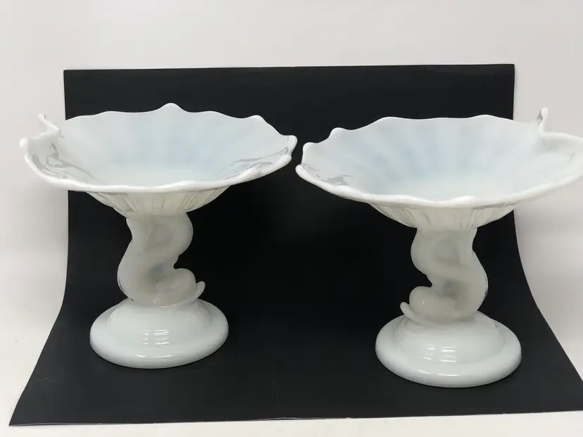Pair of Northwood Milk Glass Dolphin 5" Footed Compotes