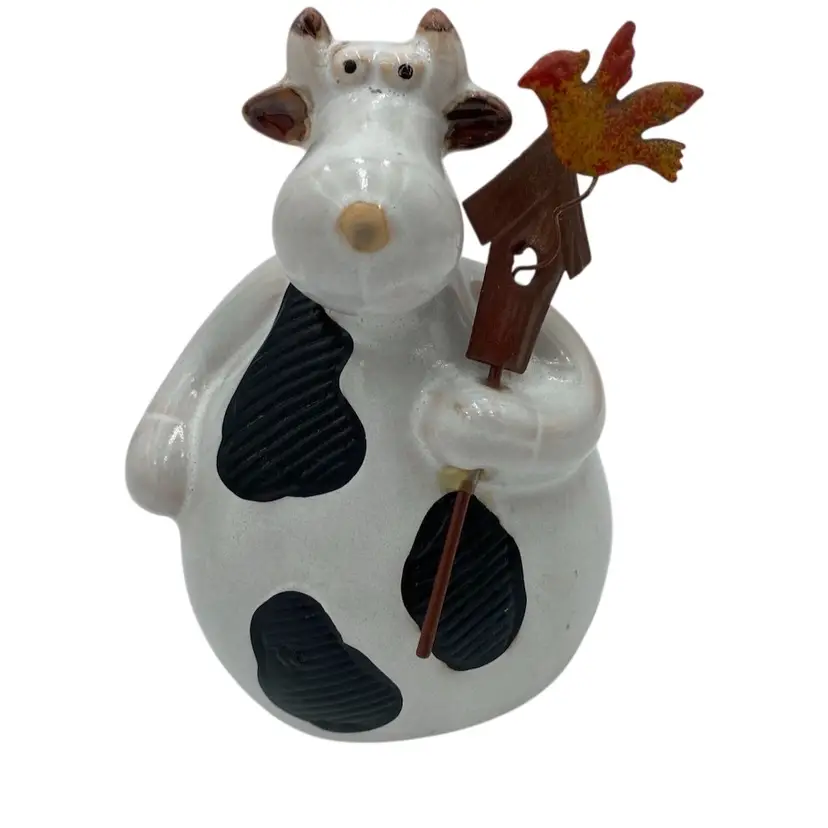 Ceramic Black & White Cow Figurine holding Metal Bird House w/Bird Figurine
