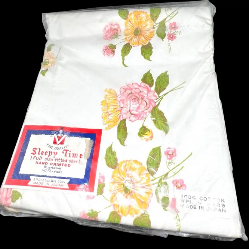 NOS Floral Pattern Sleepy Time 1 Full Size Fitted Sheet. 100% Cotton. Hand Printed. 141 Threads. Made In Japan. In Original Bag.