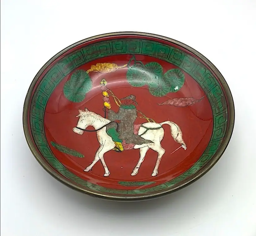 Japanese Brass Encased Porcelain 5.5” Bowl, Red/Green, Asian Theme, Man on Horse