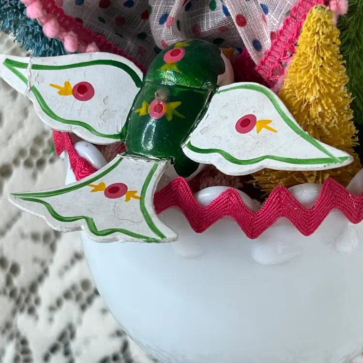 020 Vintage Indiana Glass, Teardrop, Milk, Glass Compote, Chalice Spring Easter Assemblage 10.25" X 4.5"