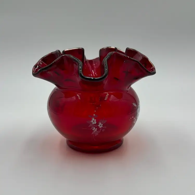 Fenton Ruby Red Ruffled Edge Rose Bowl Vase Hand Painted Artist Signed