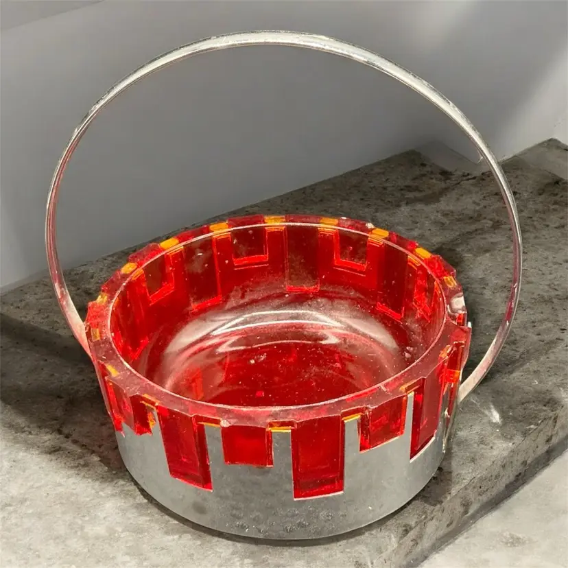 Amberina Glass Insert Hammered Silver Tone Basket Made In England UV Glows