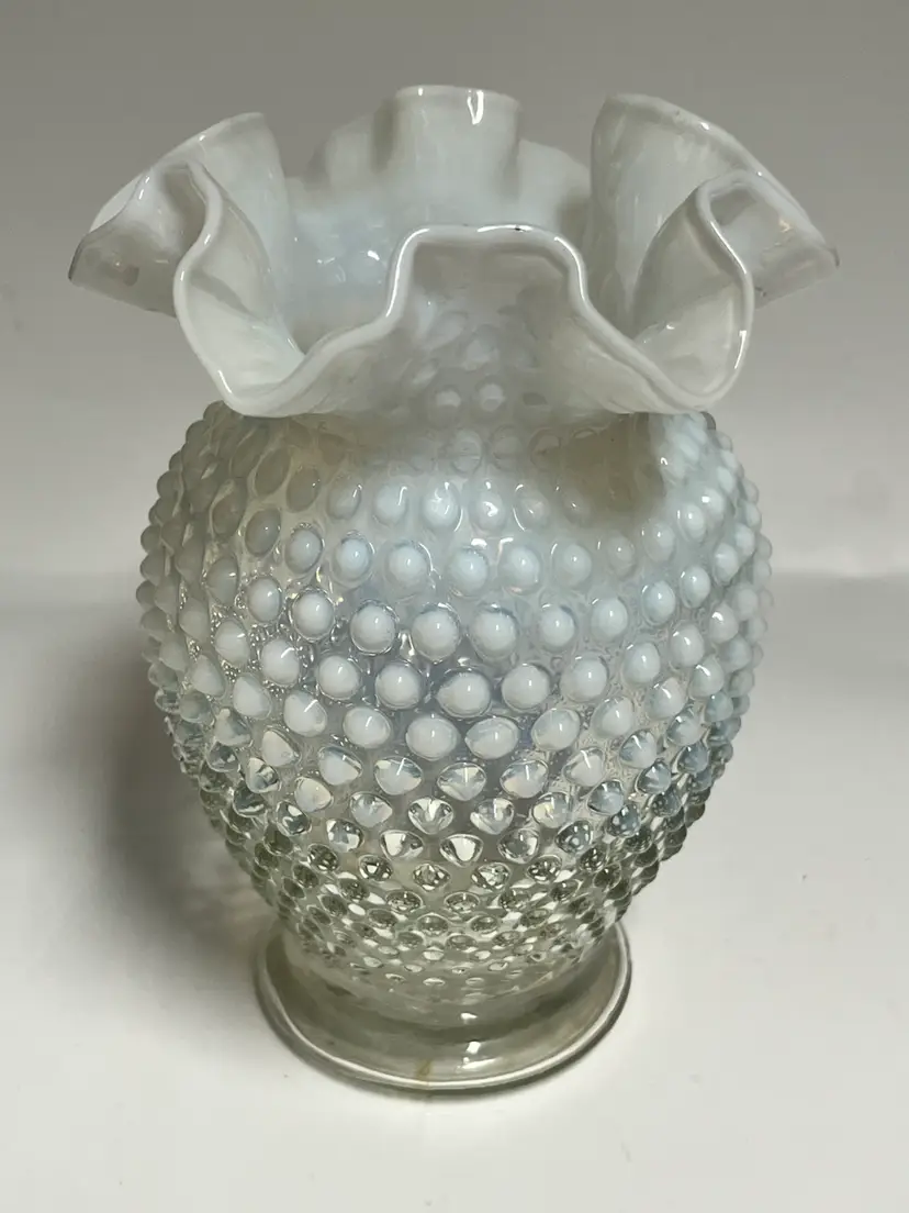 Hobnail -French Opalescent or Moonstone  Vase- Ruffled Rim- Fenton-6” High