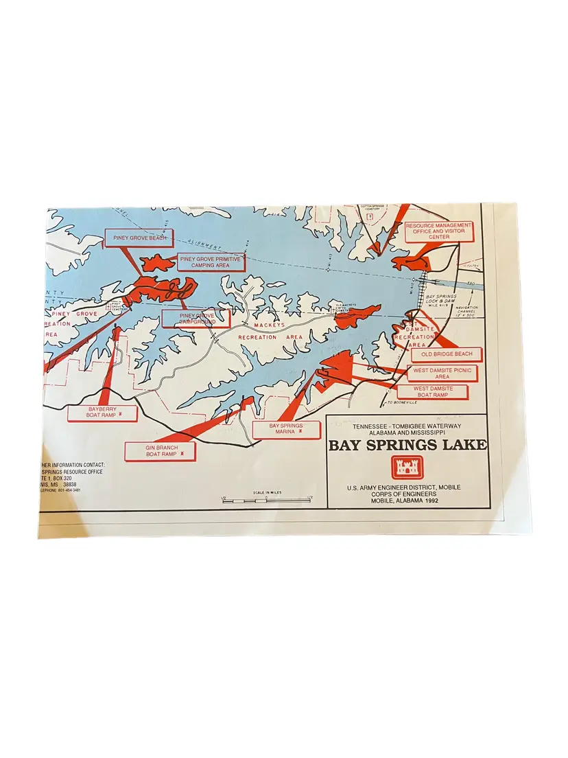 Bay Spring Lake. Vintage Map. c 1992 14.5" x 21" Tennessee Tombigbee Waterway, Alabama and Mississippi.