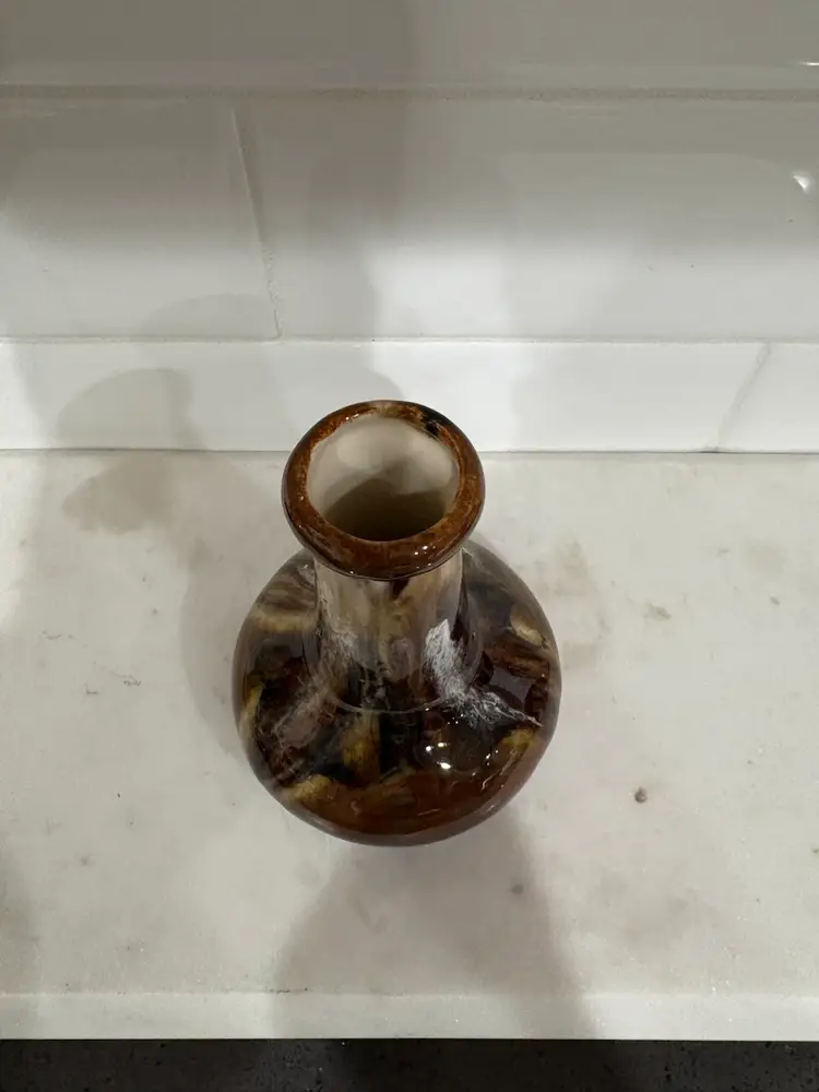 Drip Glass Pottery Mini Vase Brown Signed Linda