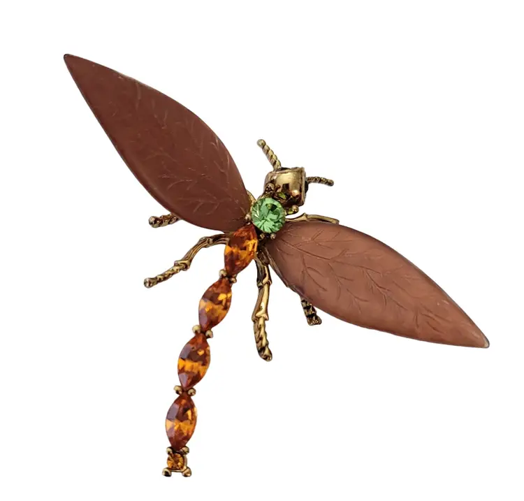 Gold Tone Orange Green Rhinestone Copper Tone Textured Wing Dragonfly Brooch Pin E669