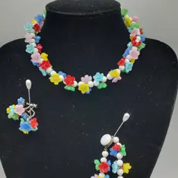 Mid century Czechoslovakian Milk Glass Colorful Floral Three Piece Set