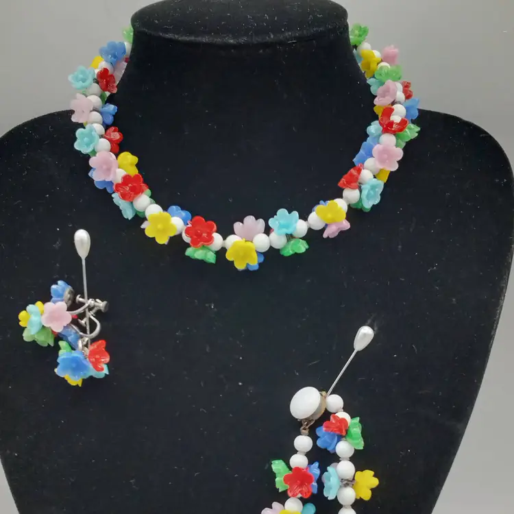 Mid century Czechoslovakian Milk Glass Colorful Floral Three Piece Set