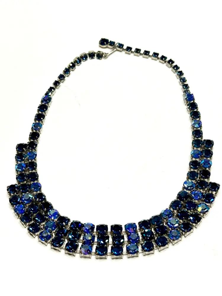 Vintage Mid Century Multi Shade Blue AB Triple Rhinestone Bib Necklace Choker