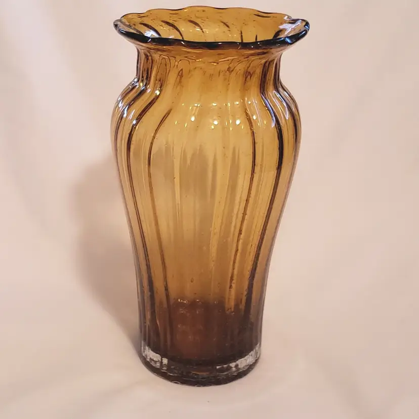 Art Glass Ribbed Vase Hand Blown Bubble Glass - Amber & Clear 9 1/4" Tall unbranded