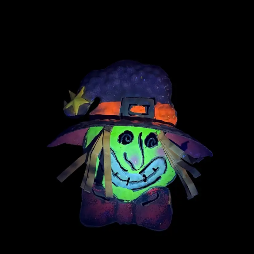 Vintage 1990s Halloween Witch Tea Light Candle Holder  Made of Metal Green/Orange/Purple/Black UV Glow
7” T x 6-1/2” L x 3-1/2” W