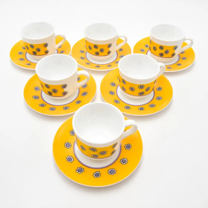 Arcopal France Celesta Tea Cups Saucers Opal Glass Yellow Blue 12 Piece 2"H 3"W 4.5"D B25