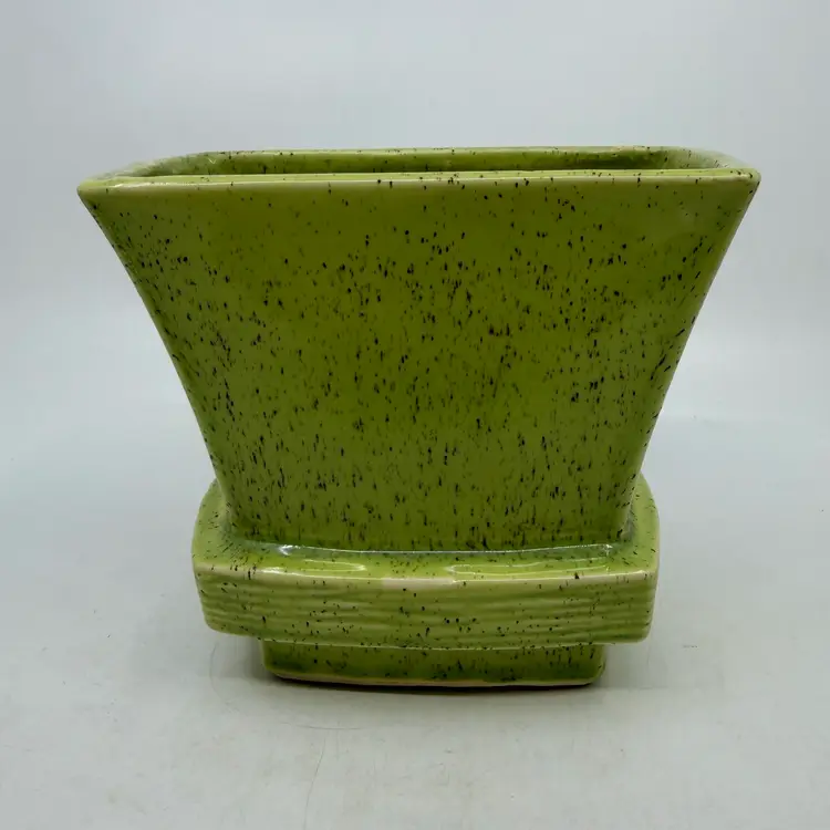 Vintage McCoy Pottery Planter Or Vase Chartreuse Lime Green With Dark Reddish Brown Speckles Art Deco MCM Flared Body And Stacked Pedestal Base Maker’s Mark Made In USA