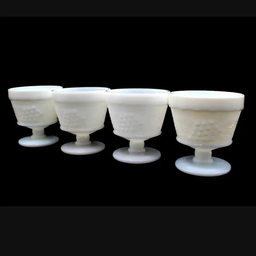 Vintage Anchor Hocking Milk Glass Dessert Cups Harvest Grape & Leaf Pattern (4)