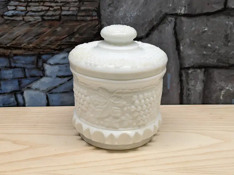 Fenton Art Milk Glass Grape and Cable Lidded Tobacco Jar Humidor Cookie Biscuit Cottagecore