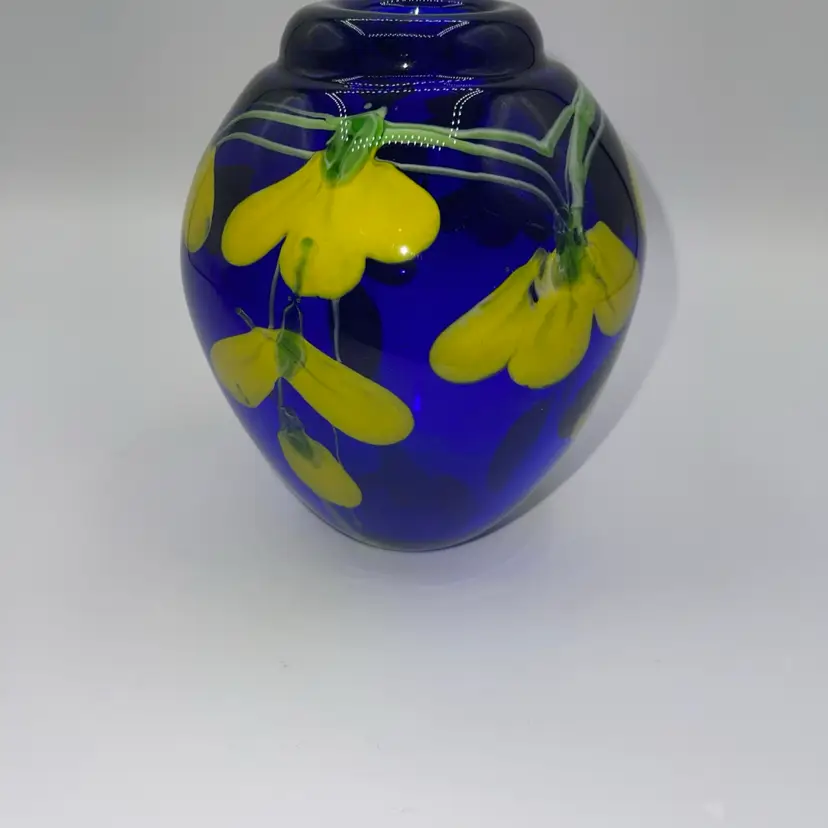 Studio Art Glass Vase In Cobalt Blue w/Cased Glass Yellow Flowers & Green Vines