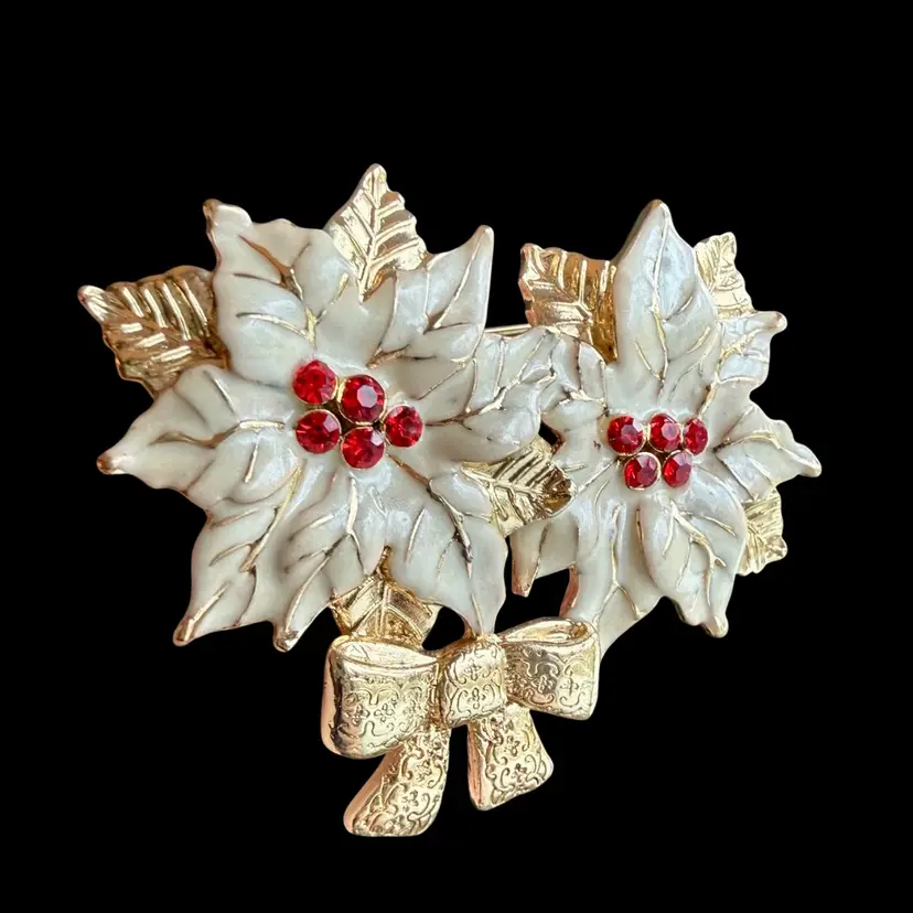 KC Signed Gold Tone Enamel Rhinestone White Poinsettia Brooch | AS IS READ