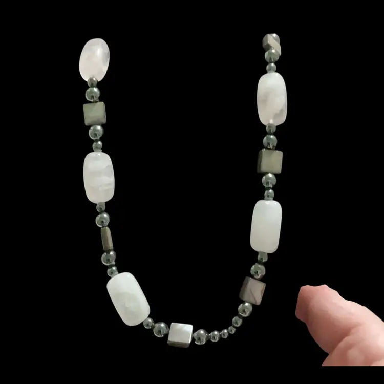 Vintage Rose Quartz Necklace.  With Hematite Round Beads And Small Labradorite Square Stones. Beautiful Necklace!!