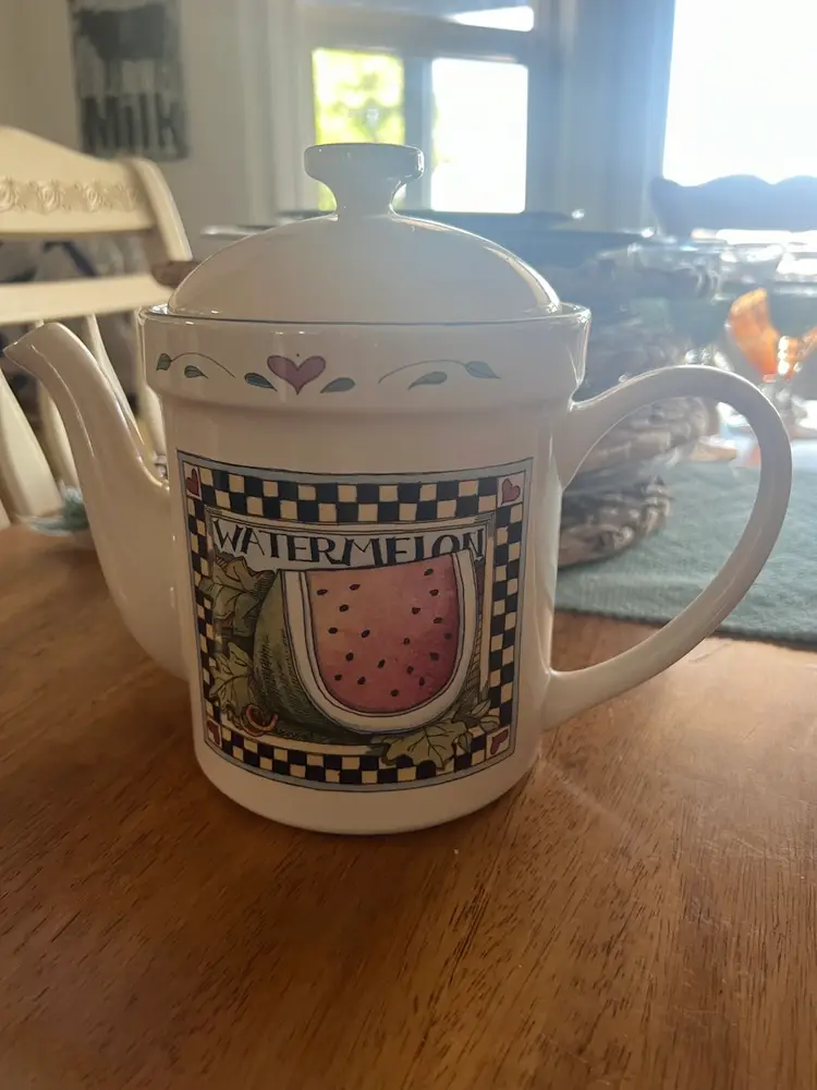Susan Winget Ceramic Watermelon Themed Lidded Teapot Excellent Condition 10”x8.5